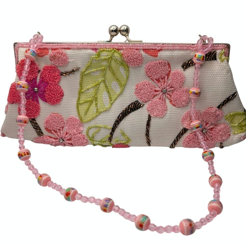 Vintage White and Pink Chenille and Beaded Floral Evening Bag Purse